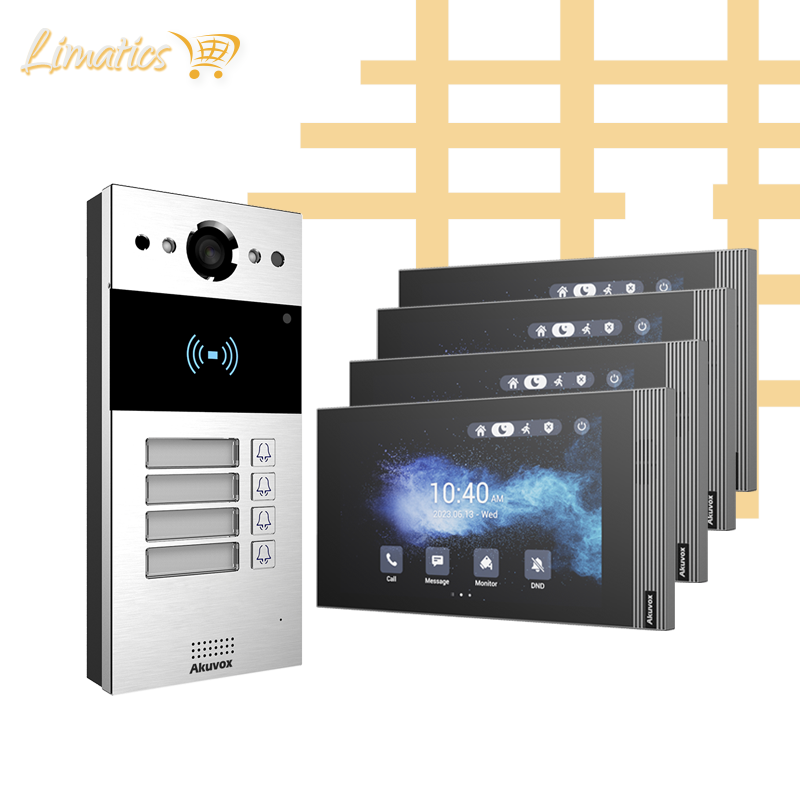 Kit R20Bx4 con 4 botones + Pantallas S562 + Swtich POE. Akuvox