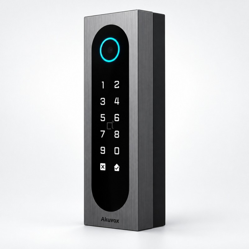 Akuvox A08S control de acceso inteligente con teclado táctil, QR, RFID, NFC y Bluetooth – Vista en perspectiva
