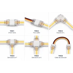 Conectores para tiras LED COB CCT de 24V, unión recta, esquina L, derivaciones T y X y extensión