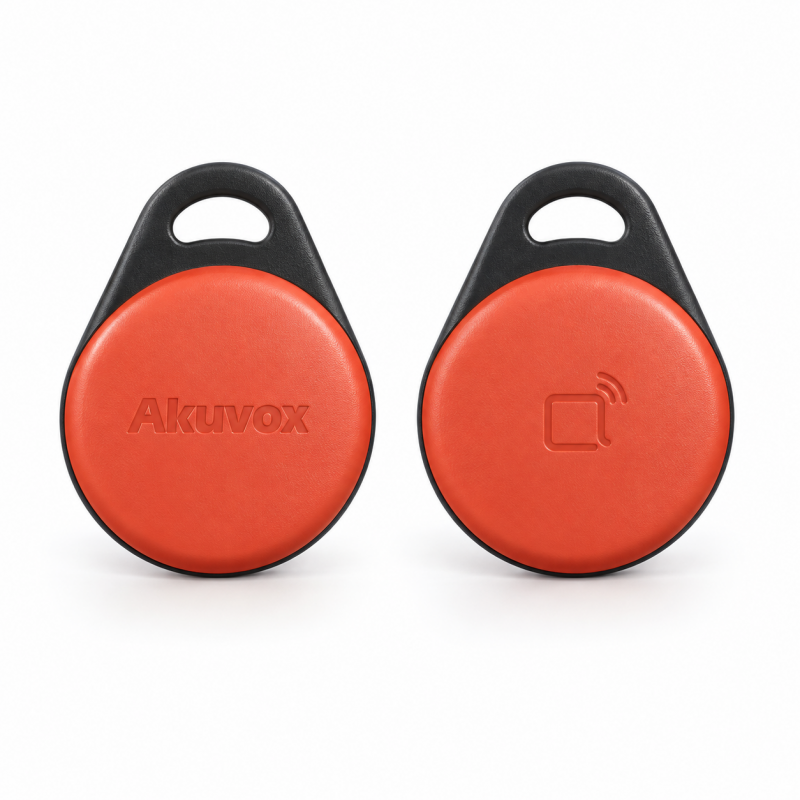 Llavero RFID Akuvox KF02 MIFARE S50 (Classic) 13,56 MHz color rojo, vista frontal y posterior