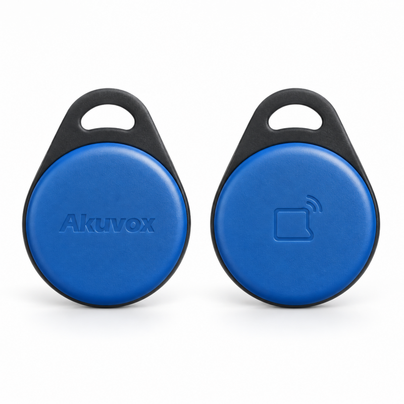 Llavero RFID Akuvox KF03 MIFARE DESFire EV3 13,56 MHz color azul, vista frontal y posterior