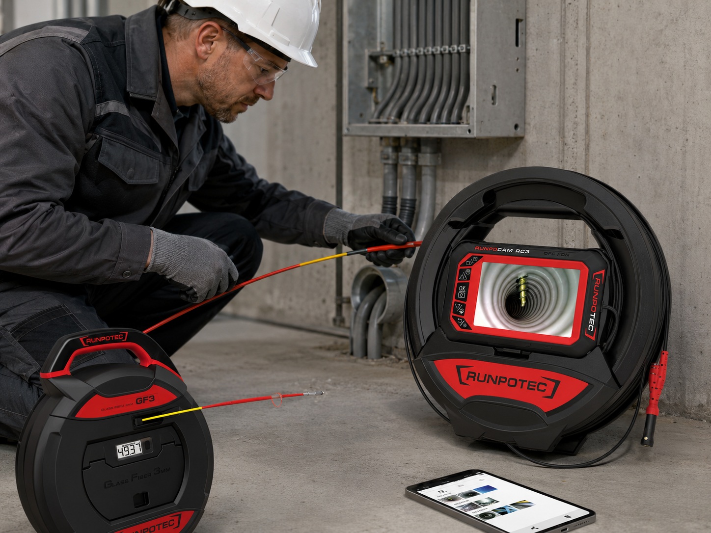 Cámara RUNPOTEC RC3 inspeccionando ductos eléctricos, tuberías y canalizaciones