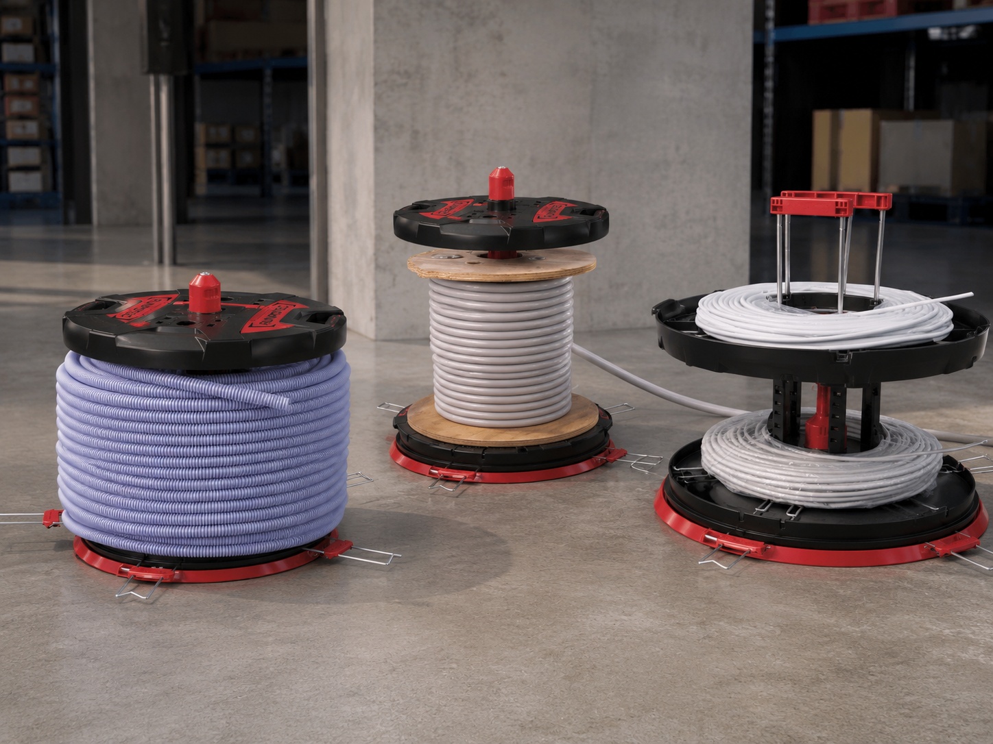 Desenrollador de bobinas y carretes de cable RUNPOTEC XB500T en instalación eléctrica