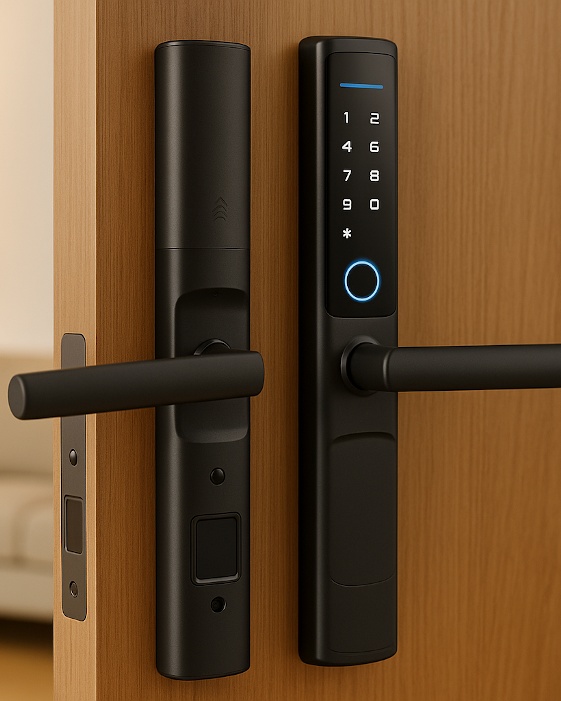 Cerradura inteligente Akubela F2 instalada en puerta moderna