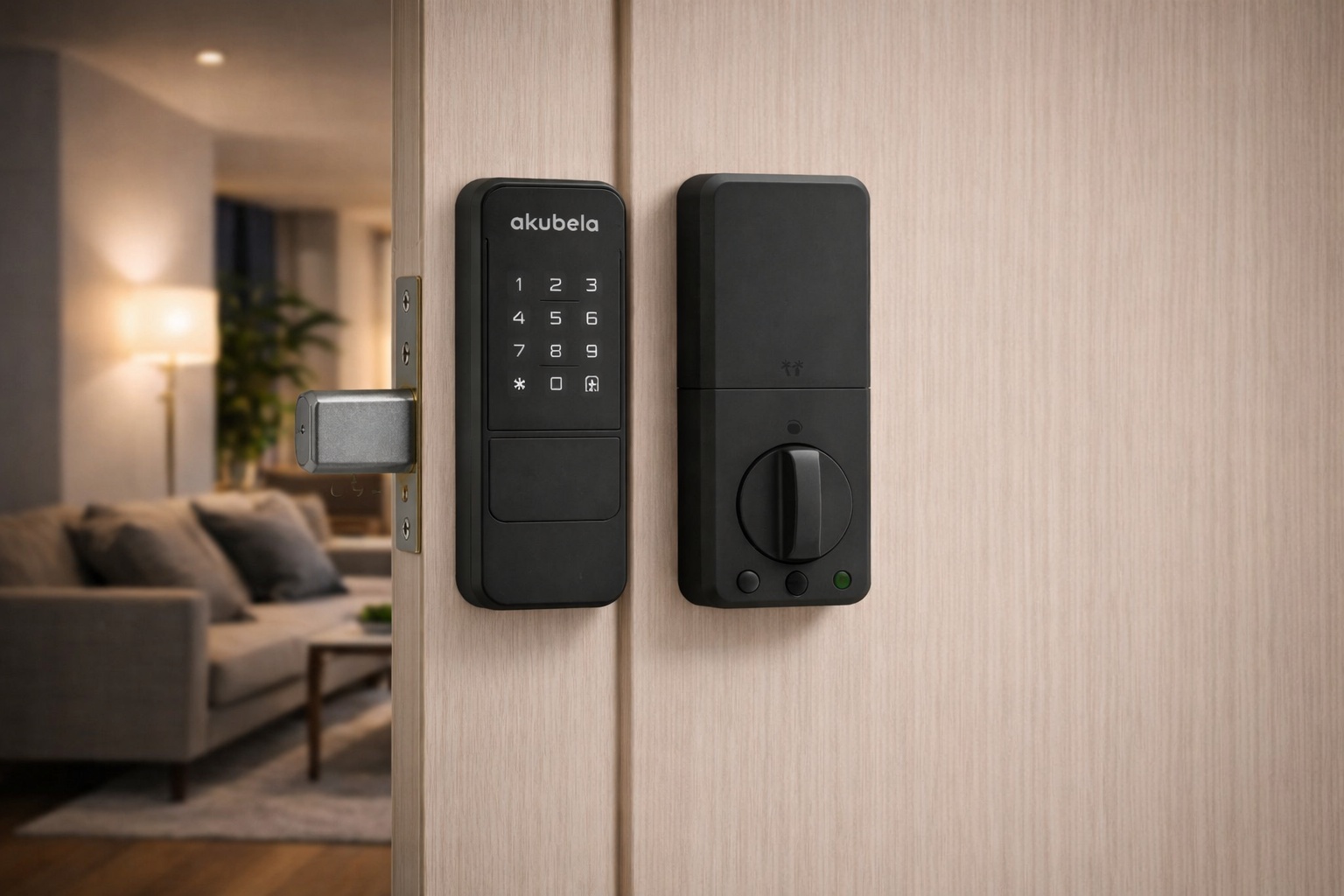 Cerradura digital WiFi Akubela SL20 tipo deadbolt instalada en puerta moderna