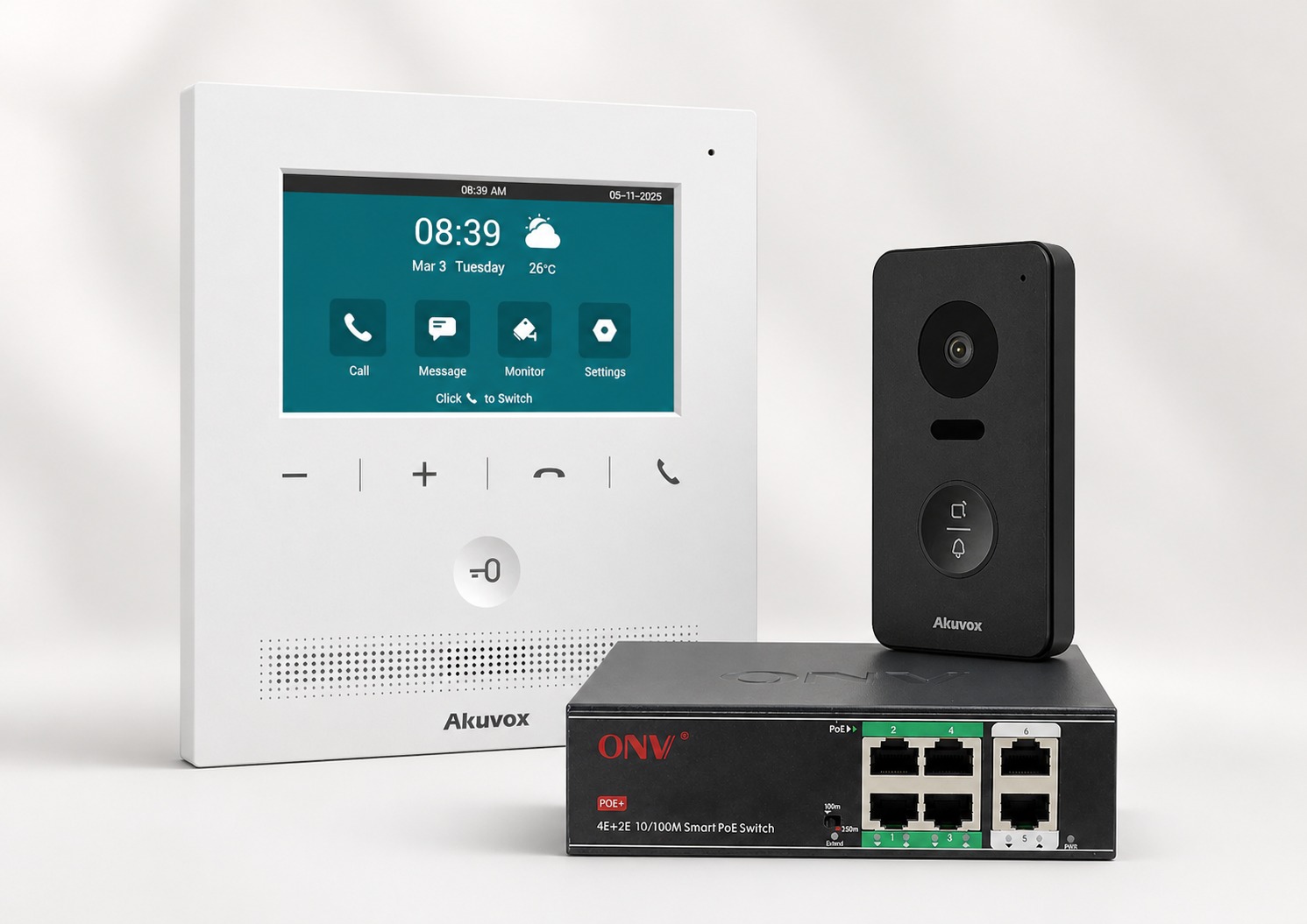 Kit videoportero Akuvox E13 con pantalla C310 y switch PoE para departamento