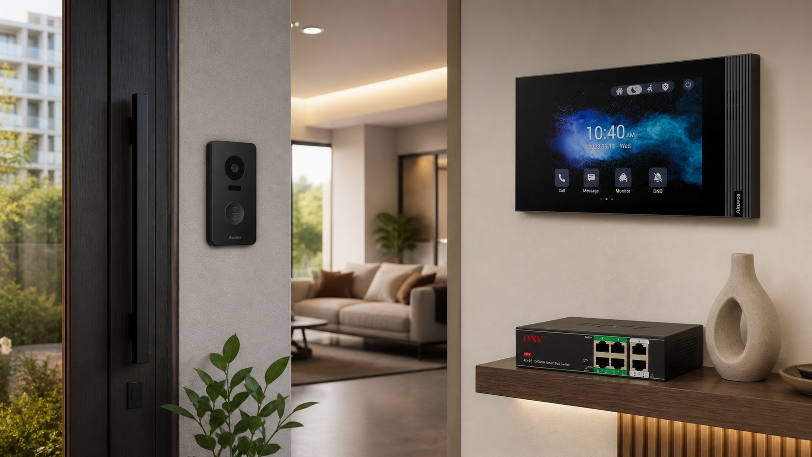 Videoportero Akuvox E13 con pantalla WiFi S562W instalado en departamento moderno