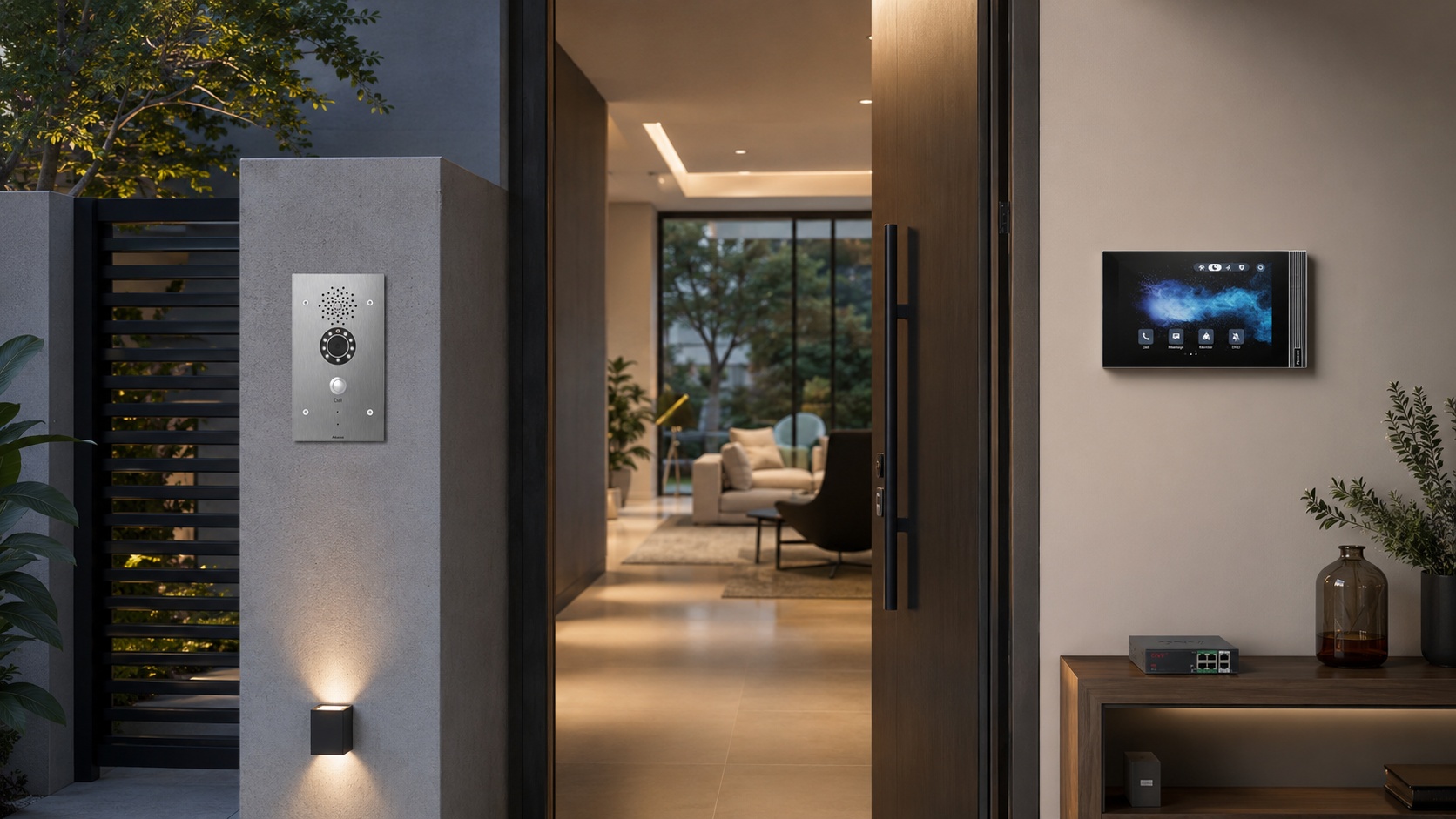 Videoportero Akuvox E21V instalado en acceso exterior de casa con pantalla WiFi S562W