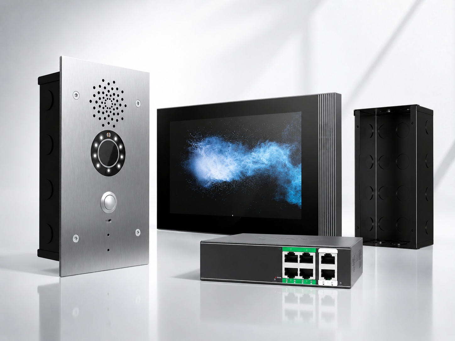 Kit videoportero exterior Akuvox E21V con pantalla WiFi S562W, switch PoE y base de empotrado