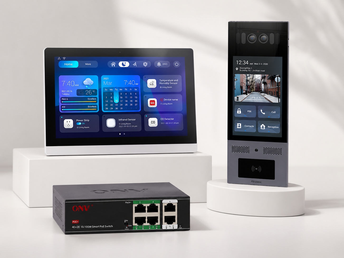 Kit videoportero facial Akuvox X915 con pantalla domótica C319H y switch PoE